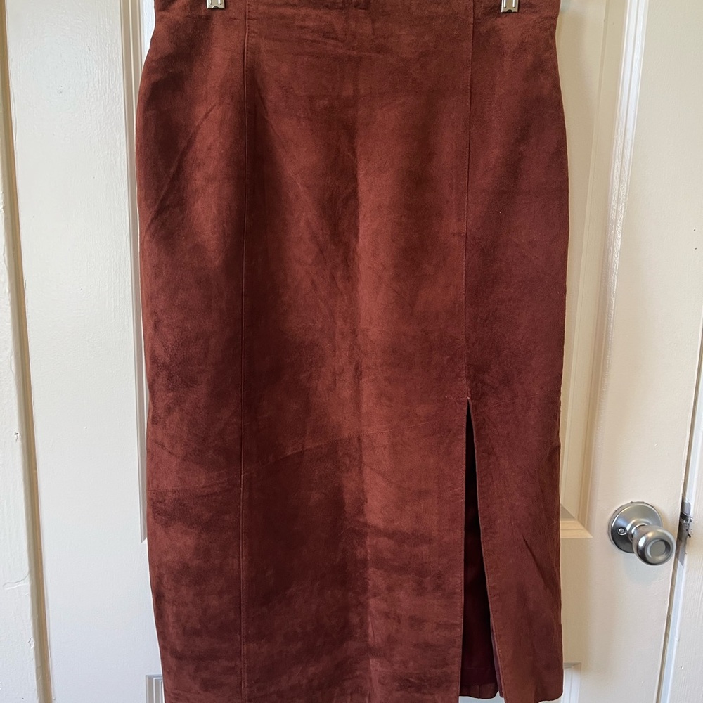 Vintage Lord & Taylor Petites Suede Midi Pencil Skirt with Front Slit - Brown